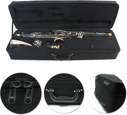 ABS Bass Clarinet Kits for Beginners Low E Bb Flat Clarinete Professional Silver Plated Keys Hard Case,Cleaning Kits,Gloves and Cork Grease
