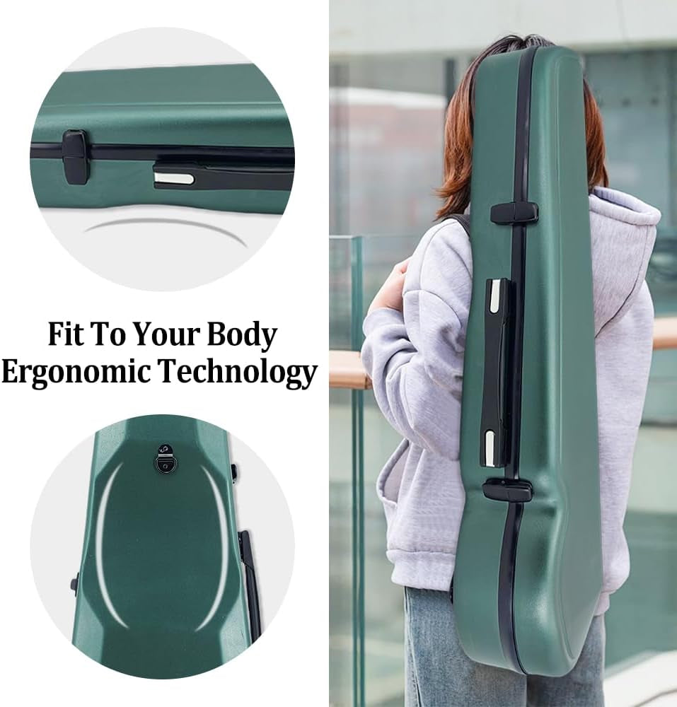 Viola Case 16 Inch, Carbon Fiber Hard Viola Case Backpack, Adjustable Neck Pad for Sizes 15-16.5 Inches, Thickened Lining, Built-In Hygrometer, with Sturdy Handle (Green)
