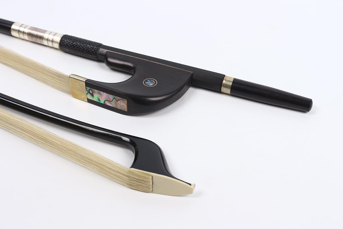 Carbon Fiber Upright Bass Bow Natural Bow Hair, 4/4 Full Size Bow for String Bass, Ebony Frog with Flower Inlay (German-Style)