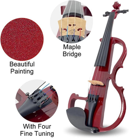 Electric Violin 4/4 Full Size Silent 4 String Student Beginner Violin Ebony Fittings with Case Bow Shoulder Rest Rosin Cable Headphone