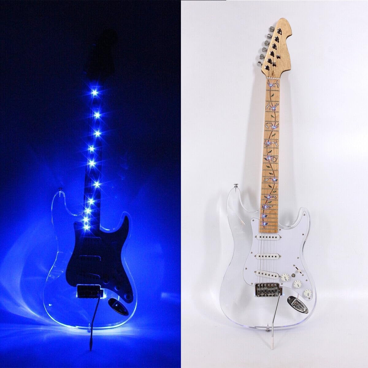 39Inch Electric Guitar Kit Transparent Acrylic Guitar,Full Size Solid Body for Beginners with Maple Neck Rosewood Fretboard& LED Light Blue,Strap,Tremolo Bra, Cable,Picks SSS
