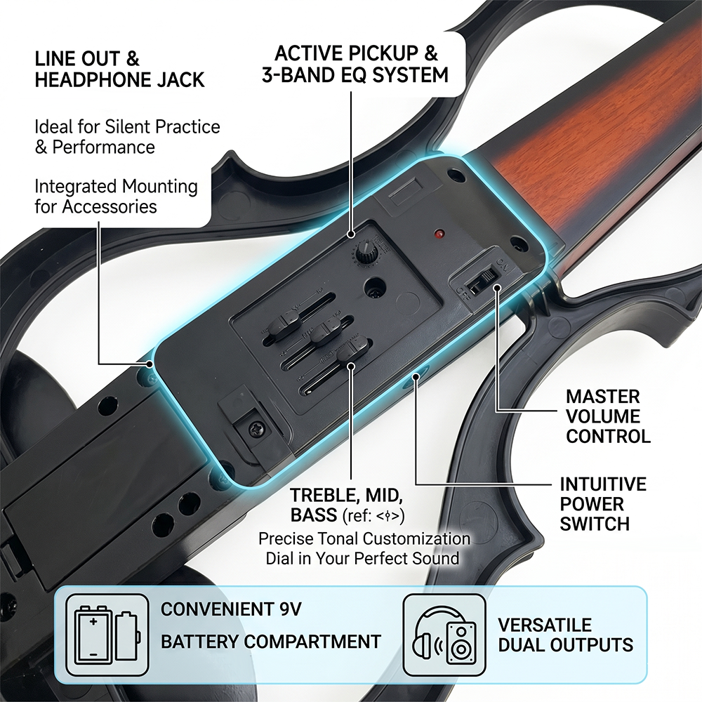 Yinfente Solid Wood Ebony Silent Electric Violin with Professional Pickup & 3-Band EQ, Headless Lightweight, for Beginner or Professional