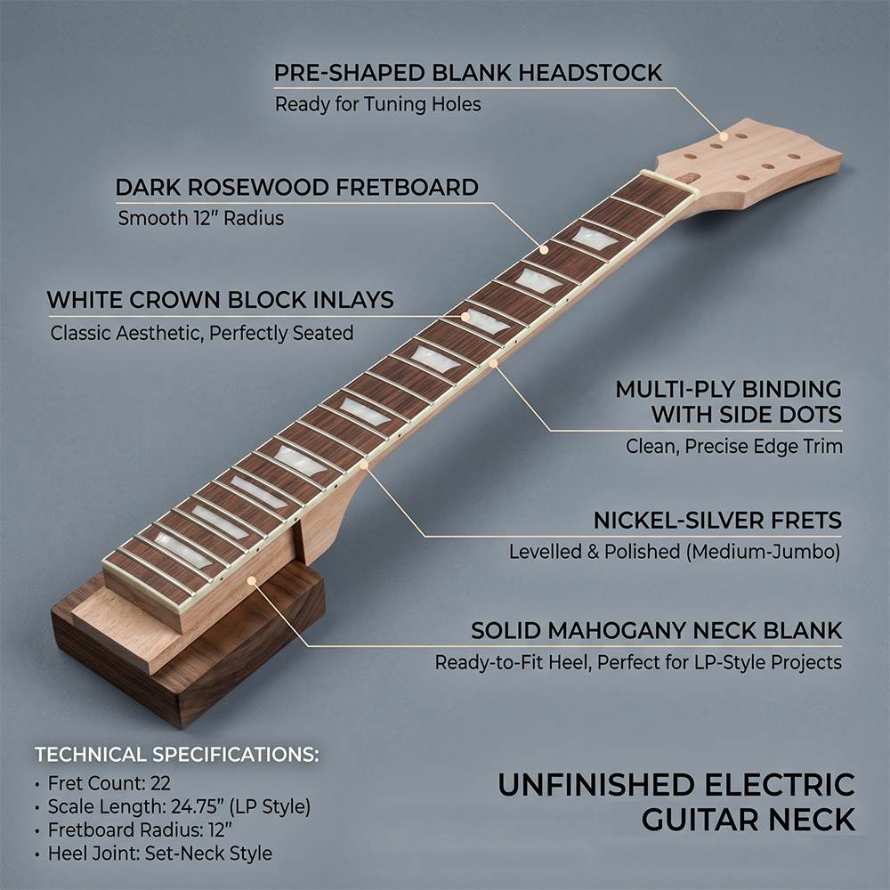 Yinfente Mahogany DIY Electric Guitar Neck 22Fret 24.75inch Unfinished Trapezoid Set in for Lp guitar necks parts