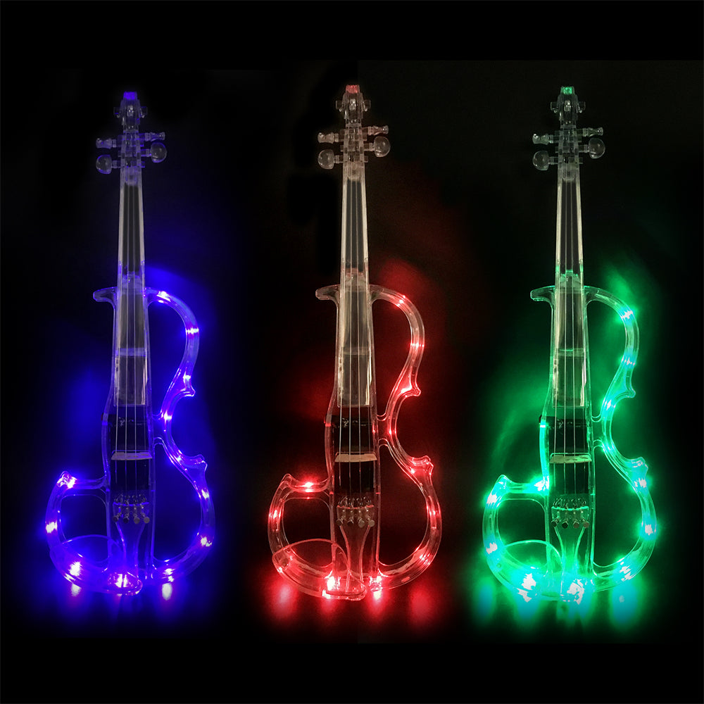 Yinfente Electric Violin 4/4 Full Size Transparent Acrylic Body Led Light Three Colors Led Bow Case Transparent Violin Shoulder Rest Extra Strings for Beginner