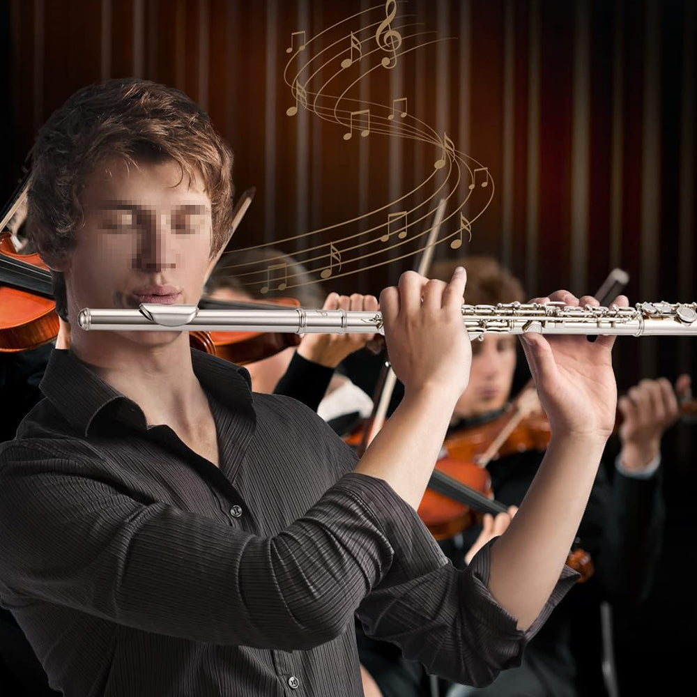 Yinfente 16 Hole C Flute with Gloves, Cleaning Rod, Case, Tuning Key and Extra Reeds - Nickel Silver Body, Closed Hole, for Student and Beginner