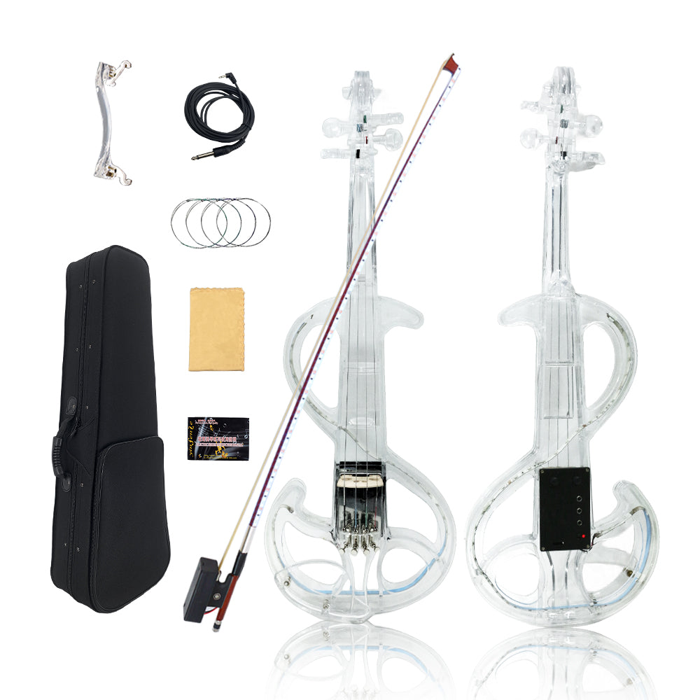 Transparent Violin Acrylic Electric Violin 4/4 Full Size Violin Kit with LED Bow, Chin Rest, Shoulder Rest, Cable and Case #EV6 (EV6)