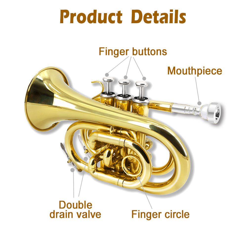 Bb Flat Pocket Trumpet Bass Trumpet for Beginner,Student with Cleaning Cloth, Silver Plated 7C Mouthpiece,Hard Case White Gloves (Gold)
