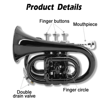 Bb Flat Pocket Trumpet Bass Trumpet for Beginner,Student with Cleaning Cloth, Silver Plated 7C Mouthpiece,Hard Case White Gloves (Black)