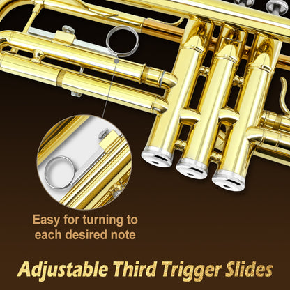 Bb Standard Trumpet Set for Beginner or Advance Student, Brass Student Trumpet Instrument with Hard Case, 7C Mouthpiece, Cleaning Kit,White Gloves Glod