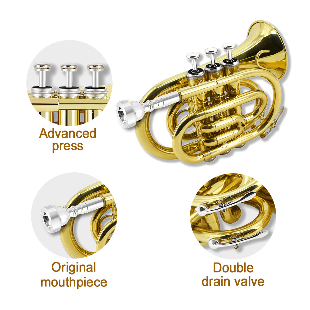 Bb Flat Pocket Trumpet Bass Trumpet for Beginner,Student with Cleaning Cloth, Silver Plated 7C Mouthpiece,Hard Case White Gloves (Gold)
