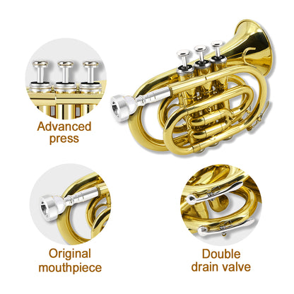 Bb Flat Pocket Trumpet Bass Trumpet for Beginner,Student with Cleaning Cloth, Silver Plated 7C Mouthpiece,Hard Case White Gloves (Gold)