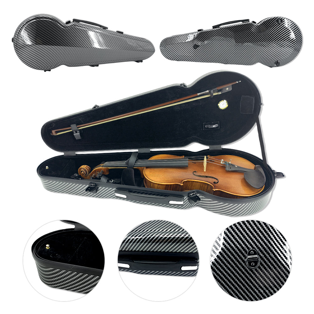 Viola Case 16 Inch Lightweight Carbon Fiber, Adjustable Velcro Neck Pad Suitable for Sizes 15-16.5 Inches, Thickened Lining, Built-In Hygrometer, Sturdy Handle,With Backstraps (Black)