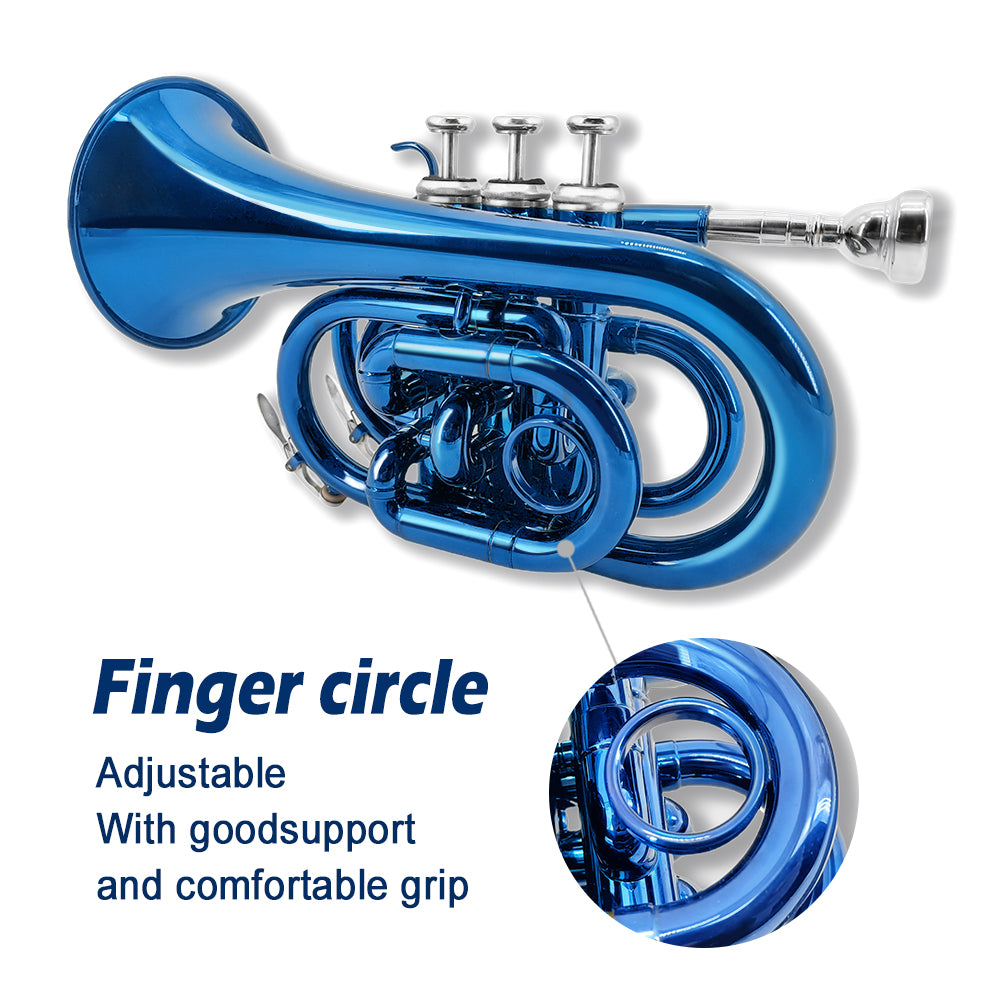 Bb Pocket Trumpet with Case,Mouthpiece, Cleaning Cloth Brass Musical Instruments for Students and Beginners (blue)