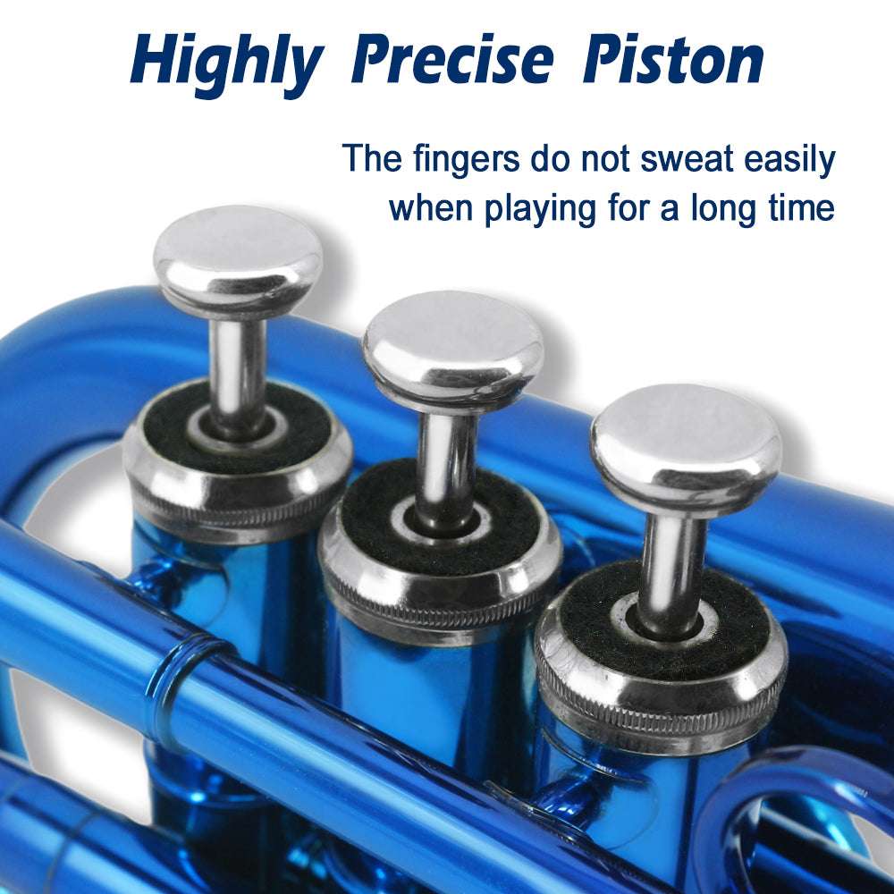 Bb Pocket Trumpet with Case,Mouthpiece, Cleaning Cloth Brass Musical Instruments for Students and Beginners (blue)