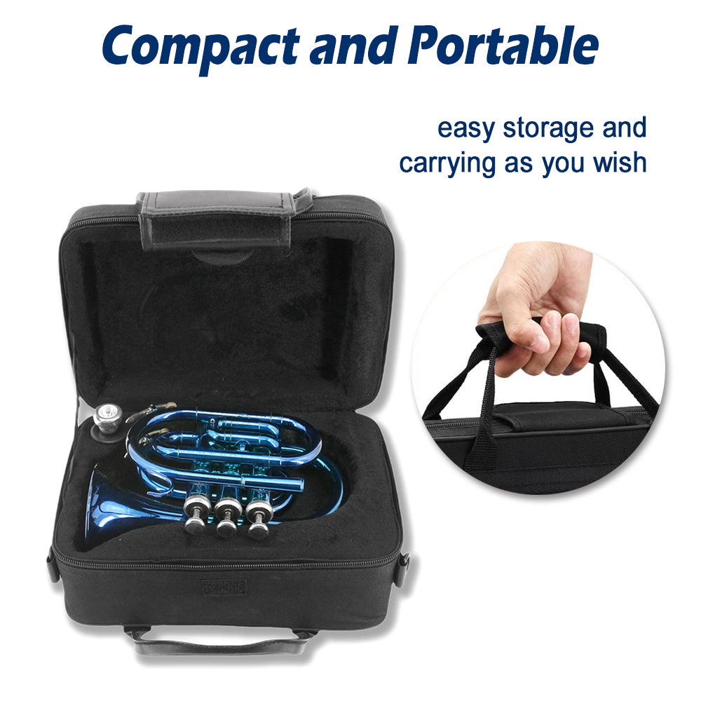 Bb Pocket Trumpet with Case,Mouthpiece, Cleaning Cloth Brass Musical Instruments for Students and Beginners (blue)