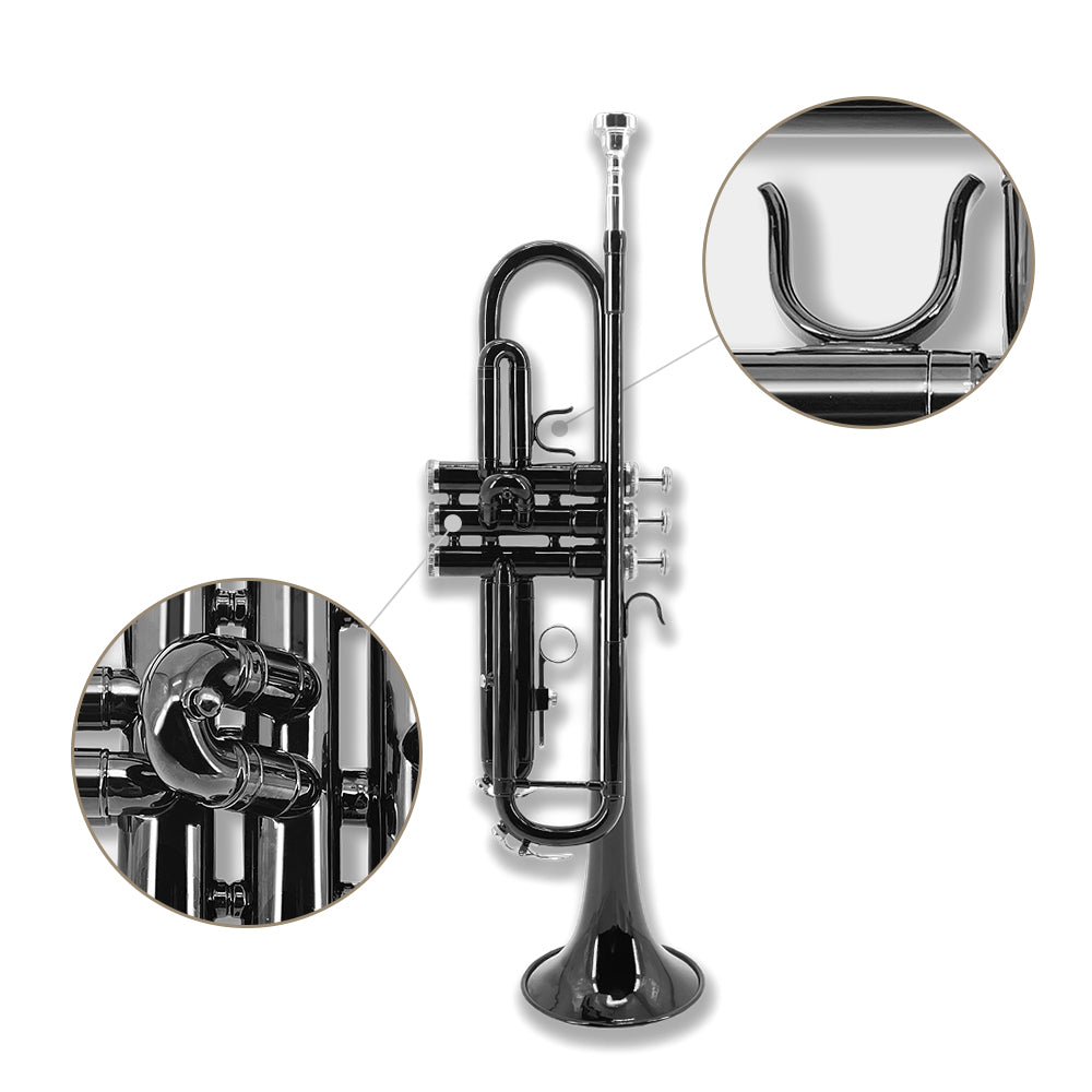 Yinfente Bb Standard Black Trumpet Set for Beginner or Advance Student, Brass Student Trumpet Instrument With Hard Case, 7C Mouthpiece, Cleaning Kit