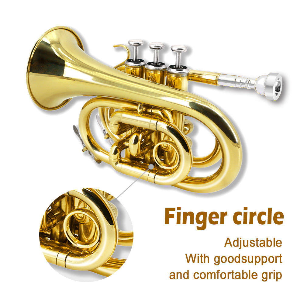 Bb Flat Pocket Trumpet Bass Trumpet for Beginner,Student with Cleaning Cloth, Silver Plated 7C Mouthpiece,Hard Case White Gloves (Gold)