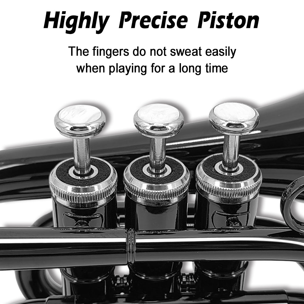 Bb Flat Pocket Trumpet Bass Trumpet for Beginner,Student with Cleaning Cloth, Silver Plated 7C Mouthpiece,Hard Case White Gloves (Black)