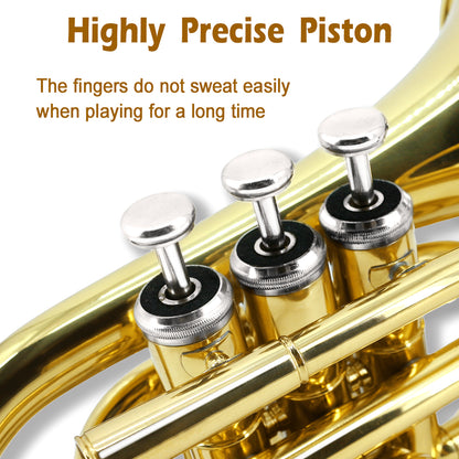 Bb Flat Pocket Trumpet Bass Trumpet for Beginner,Student with Cleaning Cloth, Silver Plated 7C Mouthpiece,Hard Case White Gloves (Gold)