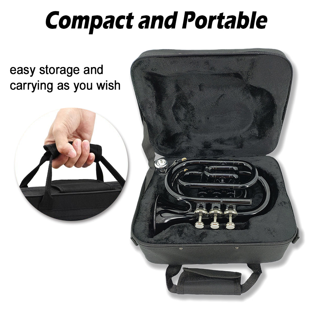 Bb Flat Pocket Trumpet Bass Trumpet for Beginner,Student with Cleaning Cloth, Silver Plated 7C Mouthpiece,Hard Case White Gloves (Black)