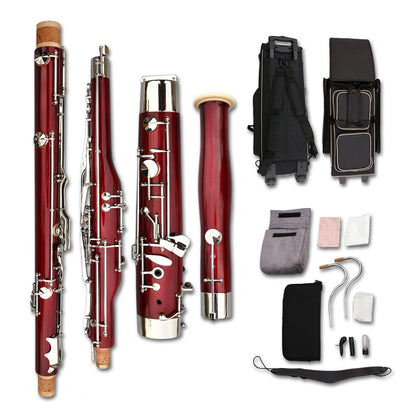 Yinfente Bassoon Maple Wooded Bassoon C Key 26 Keys Silver Plated Woodwind Instrument with Case Accessories