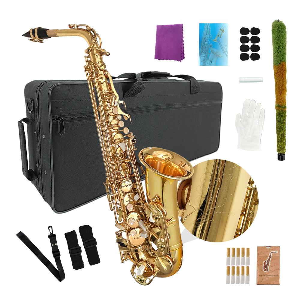 Yinfente Alto Saxophone Beginner Kit for Eb Gold Brass with Case, Reeds, Mouthpiece & Cleaning Kit Professional Sound & Easy to Play