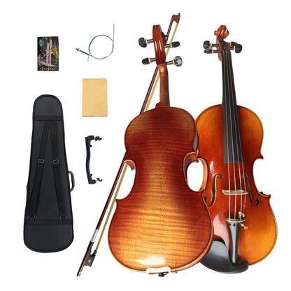 4/4 Full Size Acoustic Violin a Piece of Flame Maple Solid Wood Spruce Top Ebony Fittings 4 String with Case,Bow Handcrafted for Beginner