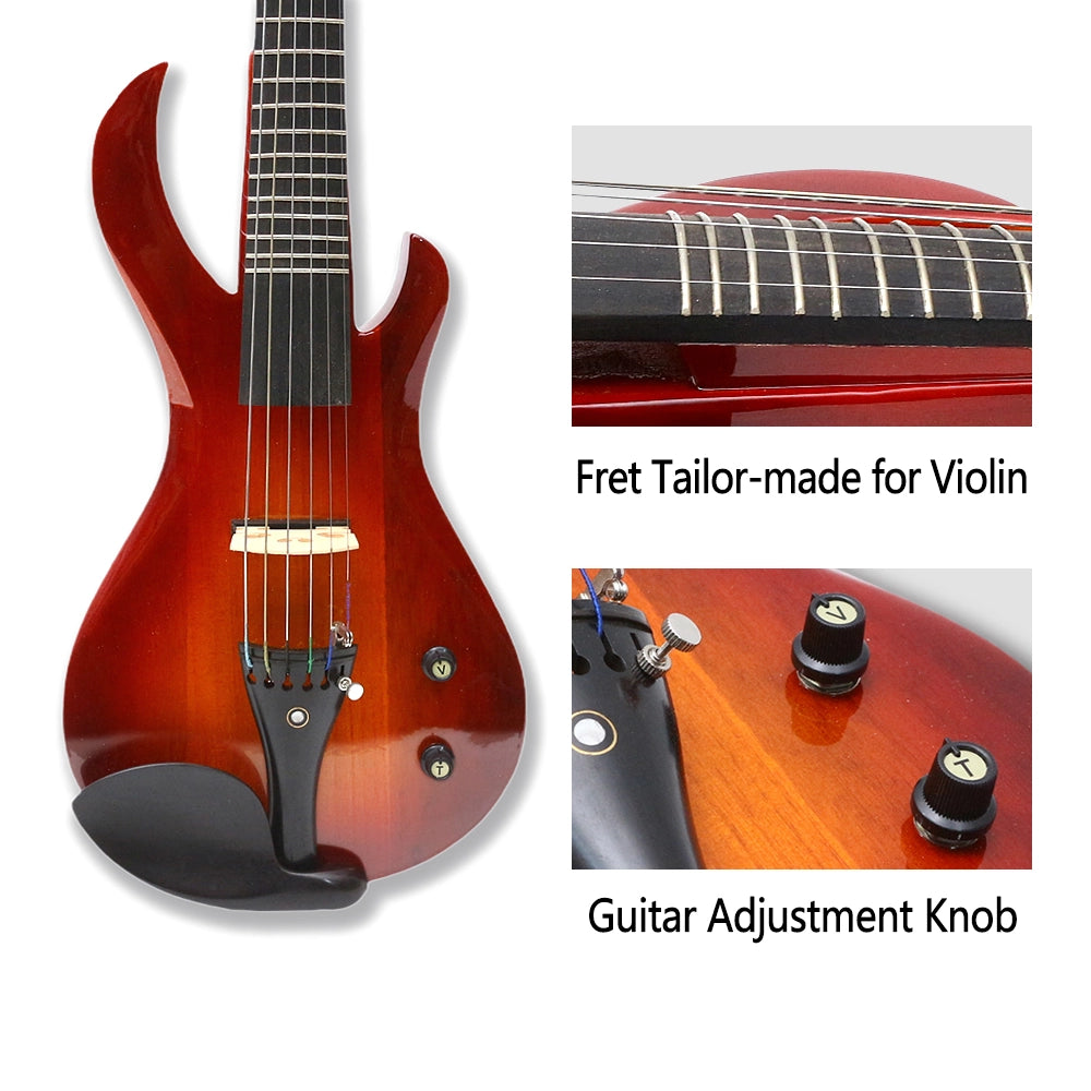 Yinfente Electric Violin 6 Strings Guitar Shape neck Solid Wood Ebony Fittings frets on the fingerboard with case
