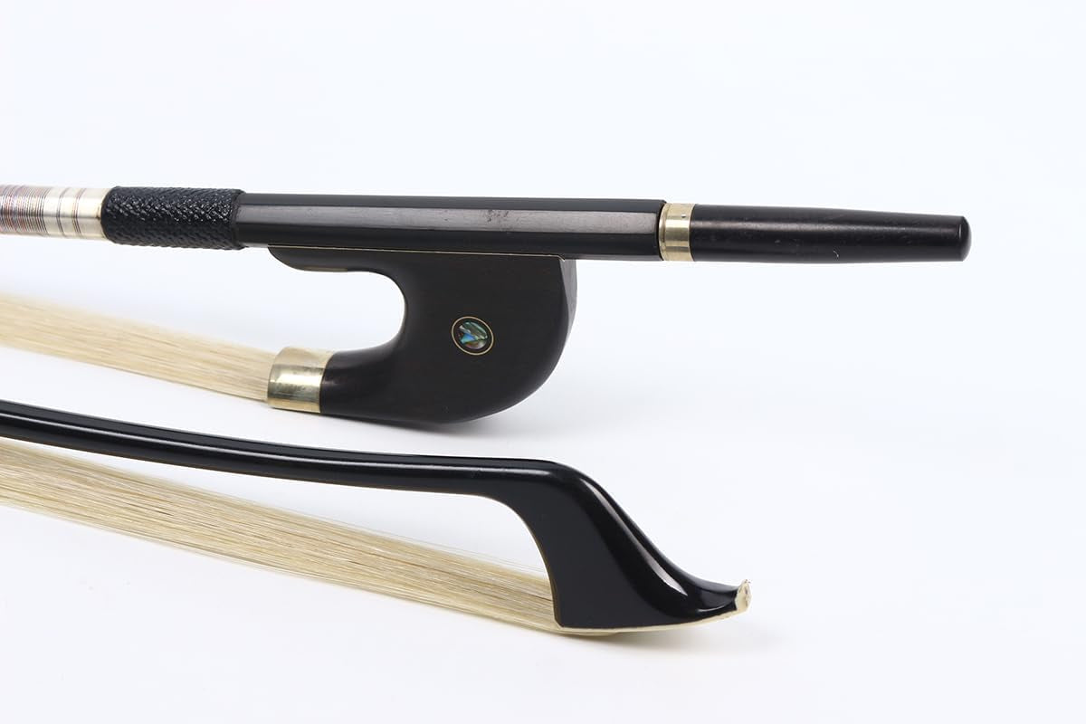 Carbon Fiber Upright Bass Bow Natural Bow Hair, 4/4 Full Size Bow for String Bass, Ebony Frog with Flower Inlay (German-Style)