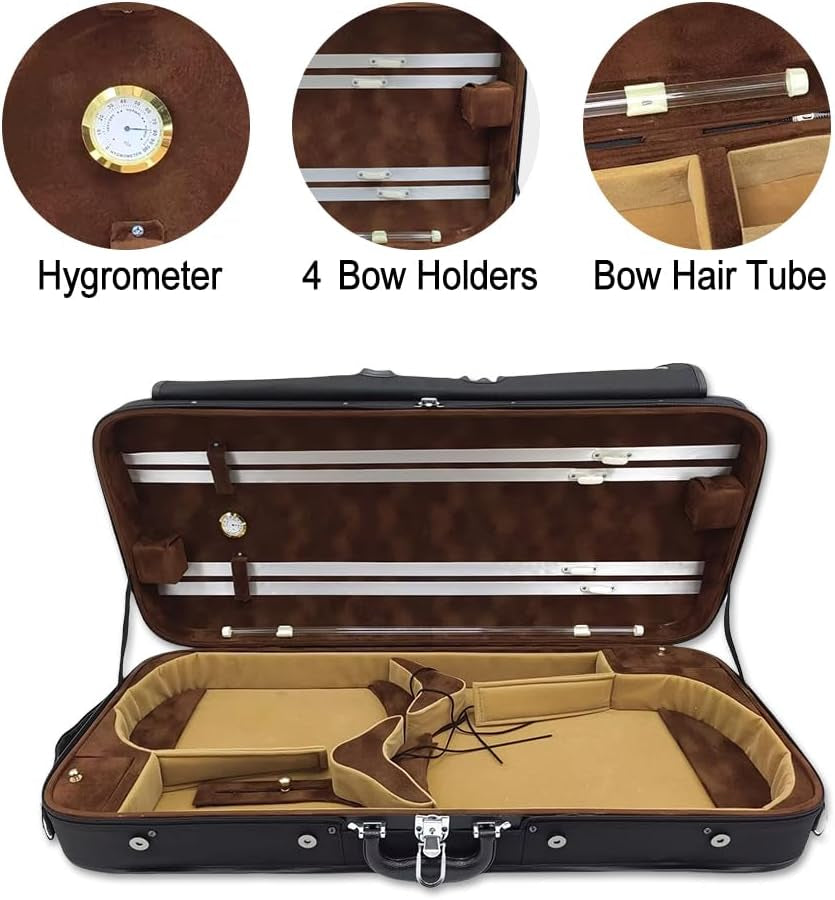 Oblong Wooden Double Full Size Violin Case Viola Case for 15-16.5Inch with Adjustable Backstrap Four Bow Holders Thinck Padding
