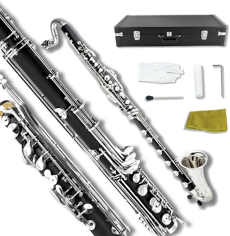 ABS Bass Clarinet Kits for Beginners Low C Bb Flat Clarinete Professional Silver Plated Keys Hard Case,Cleaning Kits,Gloves and Cork Grease