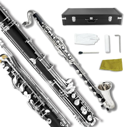 ABS Bass Clarinet Kits for Beginners Low C Bb Flat Clarinete Professional Silver Plated Keys Hard Case,Cleaning Kits,Gloves and Cork Grease