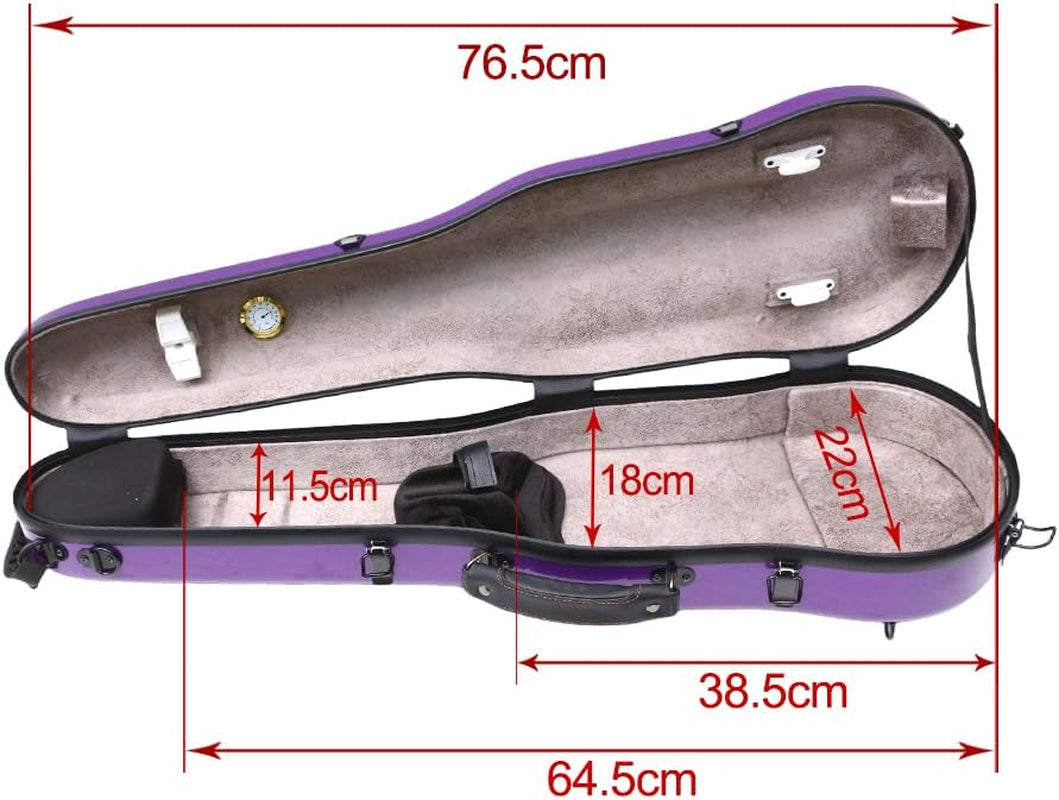 Carbon Fiber Violin Case 4/4 Full Size Hard Shell Triangle Violin Box Backstrap External Storage Bag,Hygrometer,Two Bow Holders (Purple)