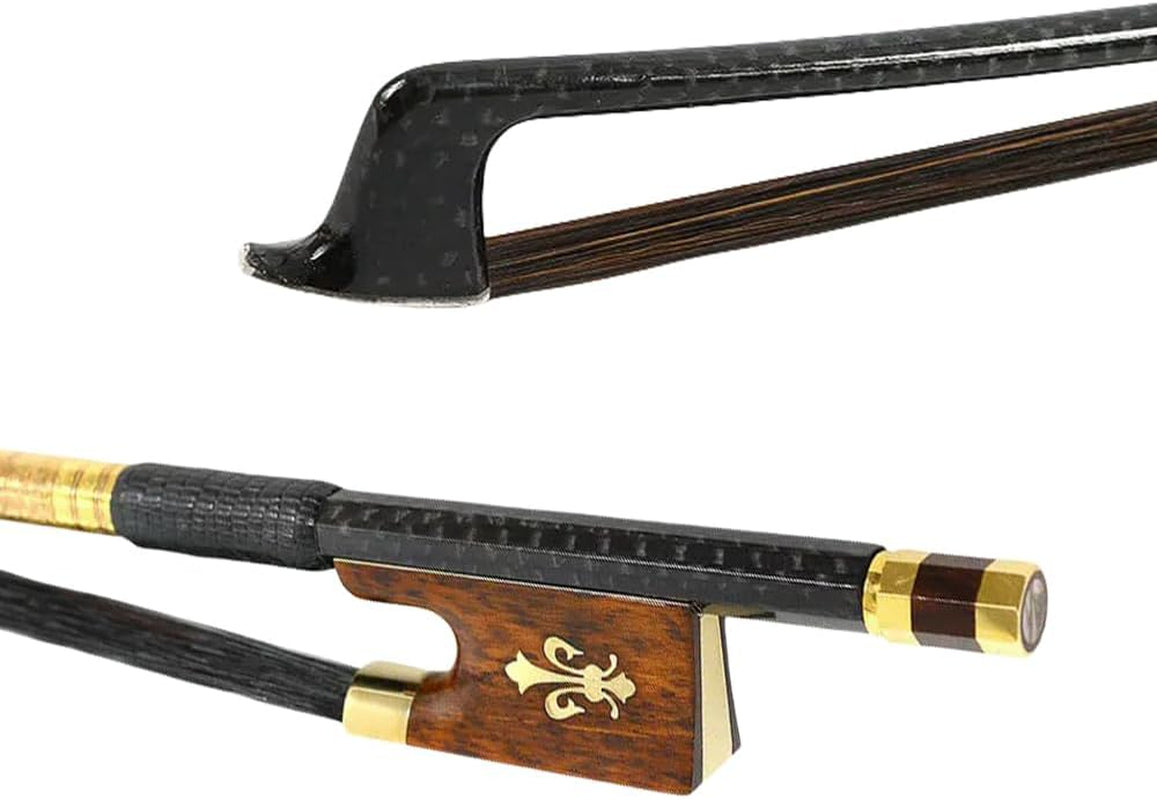 Carbon Fiber 4/4 Violin Bow Full Size Snakewood Frog with Fleur De Lis Inlay Black Mongolian Bow Hair Well Balanced& Pernambuco Level