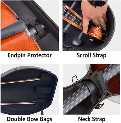 Carbon Fiber Cello Case 4/4 Full Size Hard Shell with Lock & Backpack Straps,Wheels 3.8Kg Lightweight Hard Case for Student