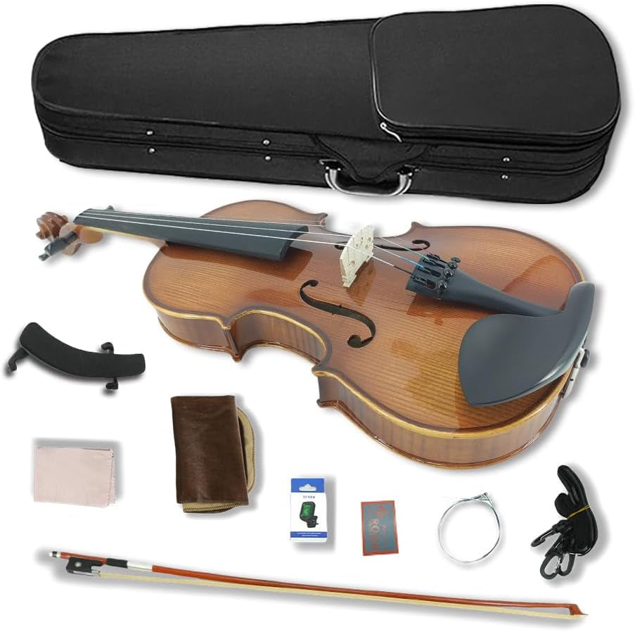 4 String Violin Kit, 4/4 3/4 1/2 Flame Maple Spruce Solid Wood Ebony Fittings Case,Bow,Tuner,Clean Cloth,Extra String,Shoulder Rest Handmade for Beginners Yellow