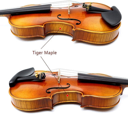 4/4 Full Size 4 String Flame Maple Acoustic Violin Spruce Top Ebony Fittings Solid Wood,Case,Bow,Rosin,Battery-Operated Mini Clip-On Tunerkit,Bridge,Shoulder Rest for Beginner (Fine Grain)