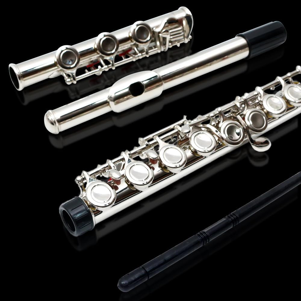 Flute 17 Key Closed Hole C Flute for Beginner Cleaning Kit with Gloves Cloth Tuning Rod Hard Case Nickel Siver, 17 Key Flute Instrument Student Flutes(Closed Hole,Silver)