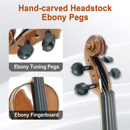 4 String Violin Kit, 4/4 3/4 1/2 Flame Maple Spruce Solid Wood Ebony Fittings Case,Bow,Tuner,Clean Cloth,Extra String,Shoulder Rest Handmade for Beginners Yellow