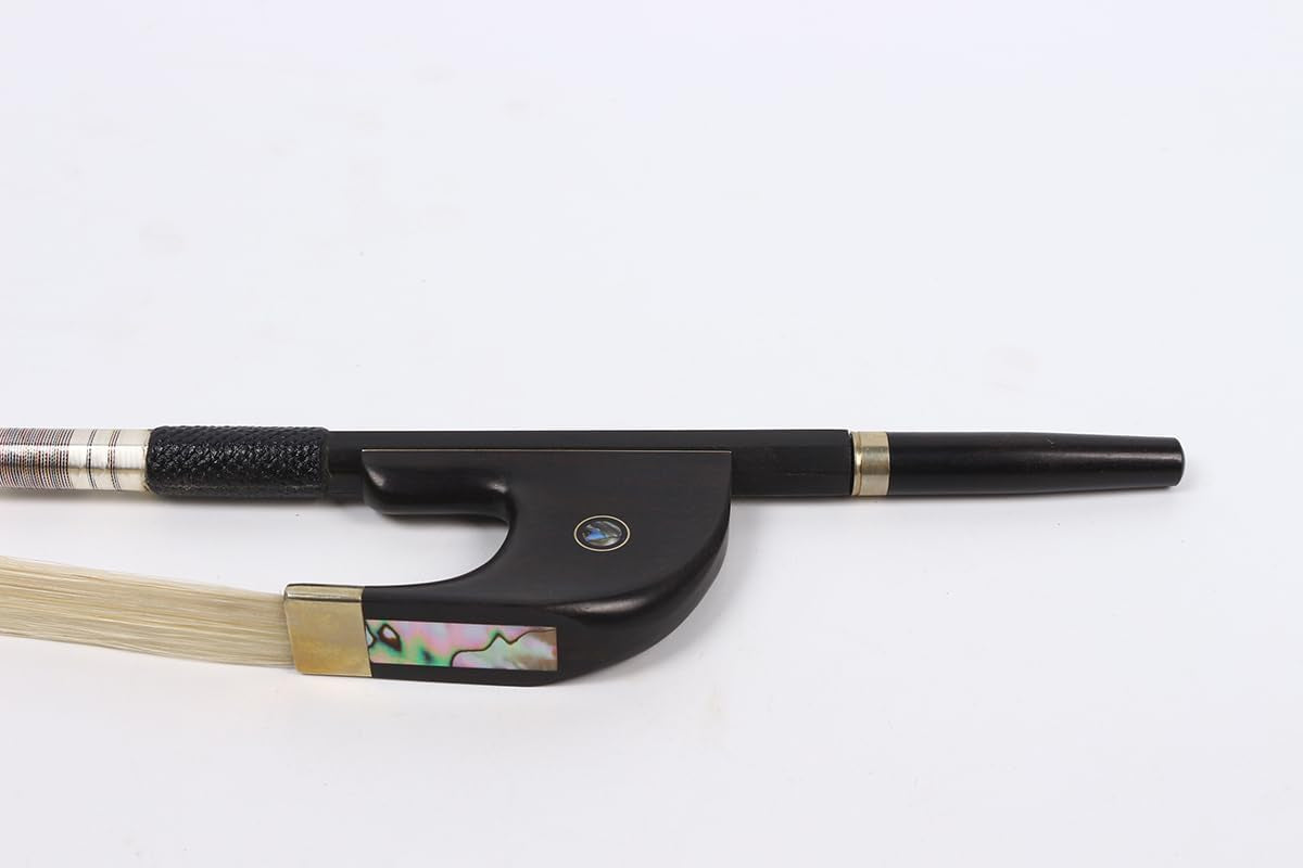 Carbon Fiber Upright Bass Bow Natural Bow Hair, 4/4 Full Size Bow for String Bass, Ebony Frog with Flower Inlay (German-Style)