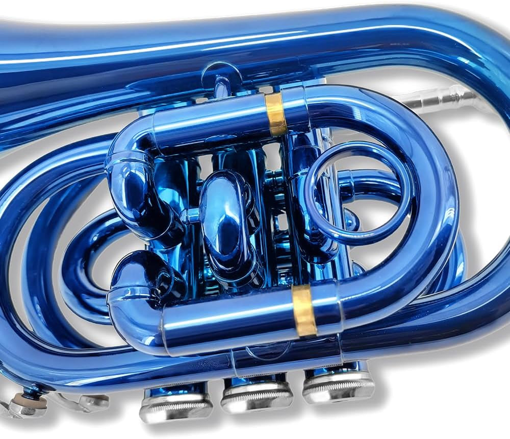 Brass Pocket Trumpet Bb Key Nickel Plated with Mouthpiece 7C, Cleaning Kit, Carrying Case, Gloves for Beginners/Students (Blue)