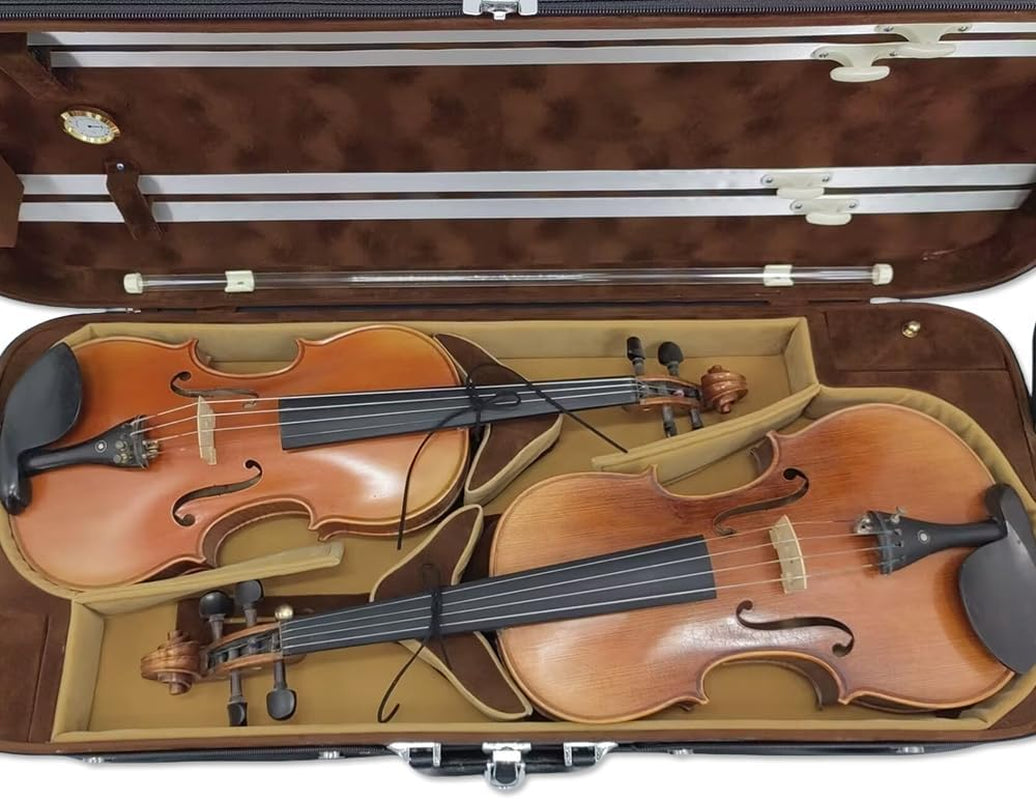Oblong Wooden Double Full Size Violin Case Viola Case for 15-16.5Inch with Adjustable Backstrap Four Bow Holders Thinck Padding
