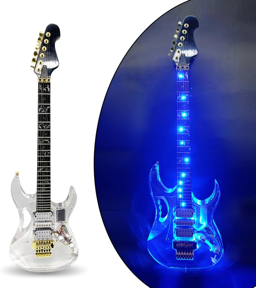 LED Light Electric Guitar Maple Neck Acrylic Body Crystal Guitar Blue Sweet Sound for Beginners,Students,Adults (Kit-Led-Iba)