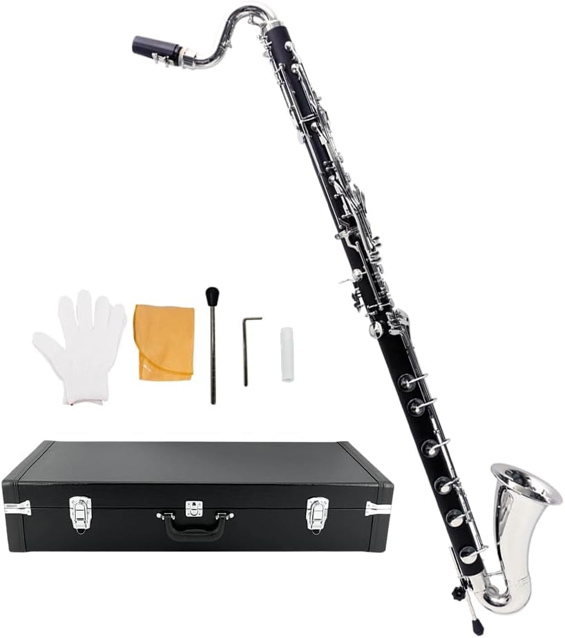 ABS Bass Clarinet Kits for Beginners Low C Bb Flat Clarinete Professional Silver Plated Keys Hard Case,Cleaning Kits,Gloves and Cork Grease