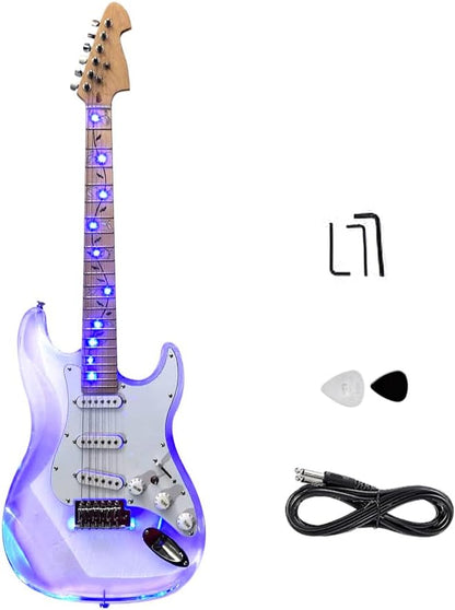 39Inch Electric Guitar Kit Transparent Acrylic Guitar,Full Size Solid Body for Beginners with Maple Neck Rosewood Fretboard& LED Light Blue,Strap,Tremolo Bra, Cable,Picks SSS