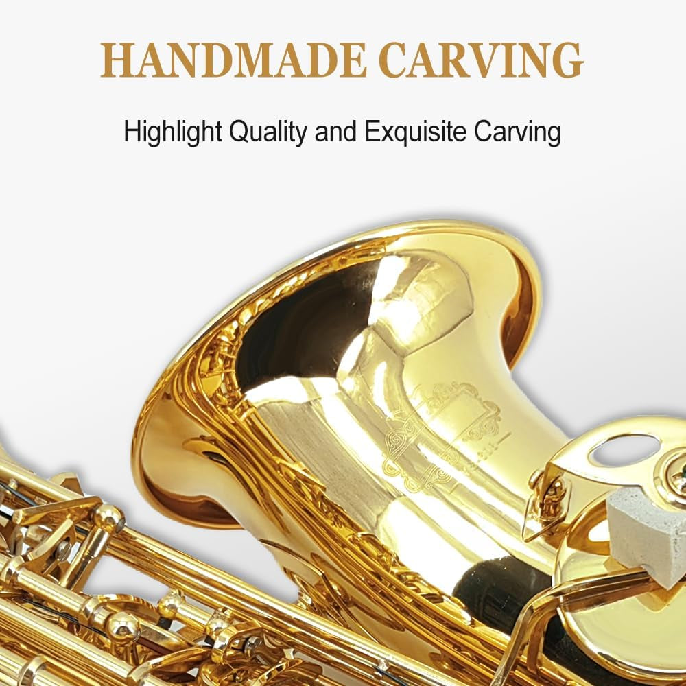 Alto Saxophone Beginner Kit for Adults & Students - Eb Gold Lacquer Full Brass Instrument with Case, Reeds, Mouthpiece & Cleaning Kit - Professional Sound & Easy to Play (Gold)