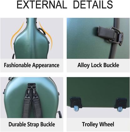 Cello Case 4/4 Full Size Carbon Fiber Embedded Handle,Hard Shell with Lock & Backpack Straps,Wheels Waterproof and Lightweight Cello Hard Case 4/4 for Musicians