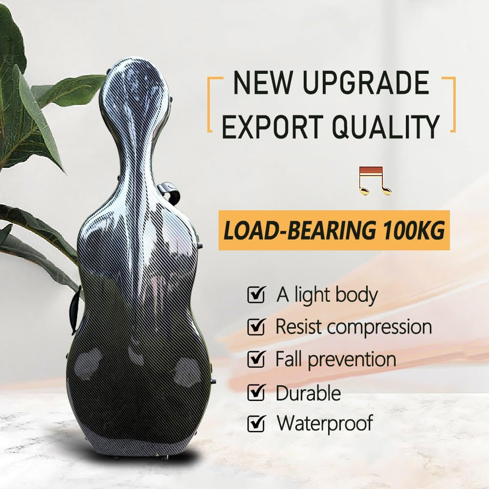 Cello Case 4/4 Carbon Fiber Box Full Size Shell Strong Light 3.7 Kg Cello Accessories (Black-L)