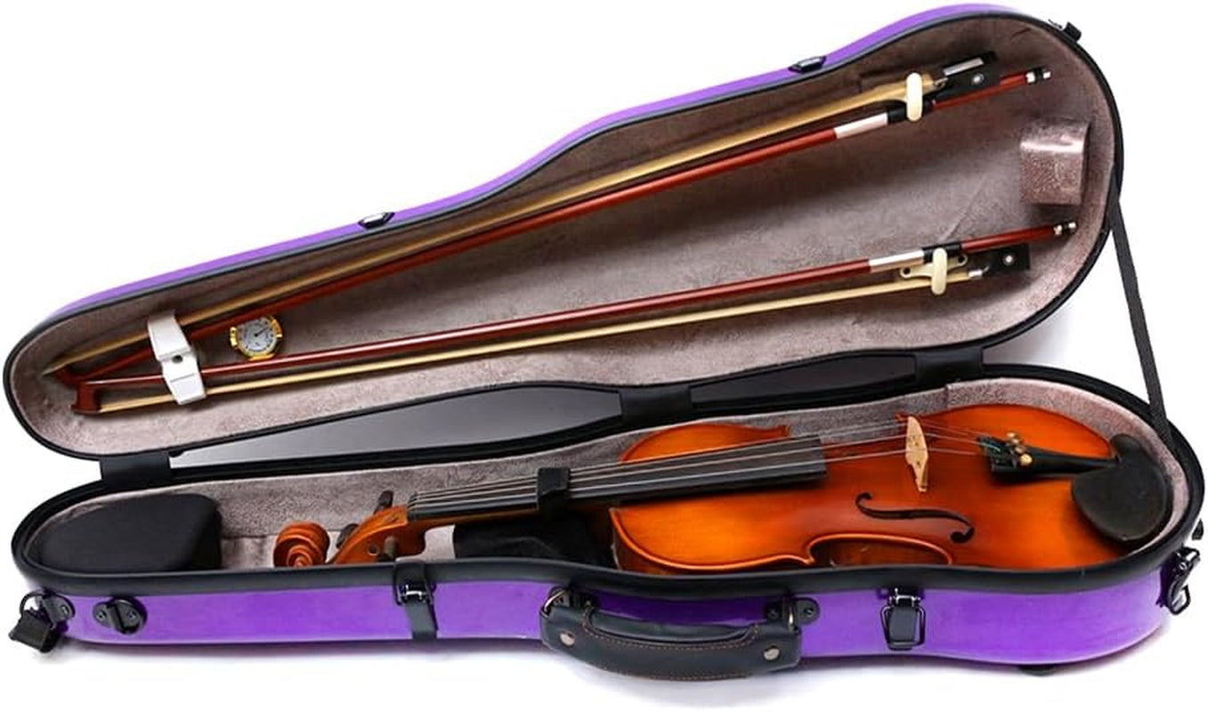 Carbon Fiber Violin Case 4/4 Full Size Hard Shell Triangle Violin Box Backstrap External Storage Bag,Hygrometer,Two Bow Holders (Purple)