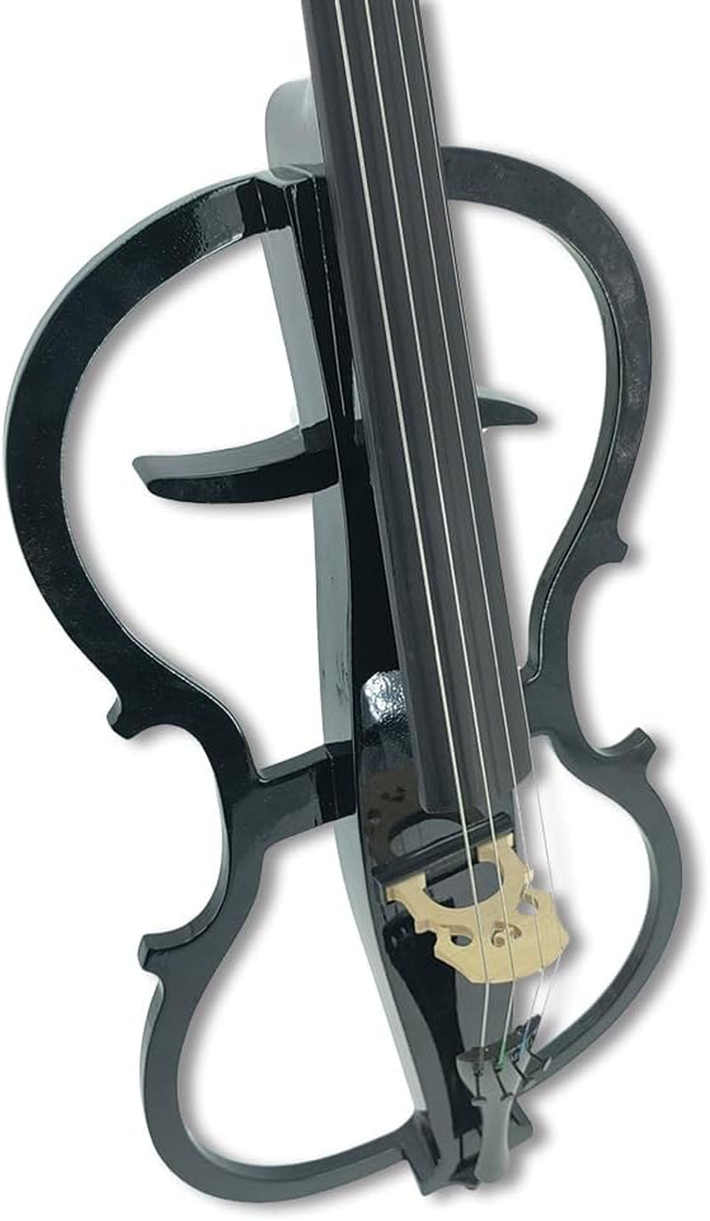 Electric Cello 4/4 Full Size - Solid Wood Construction with Ebony Fittings, Includes Hard Case, Brizal Bow, Aux Cable & Cleaning Cloth for 4/4 Cello (Black-1)